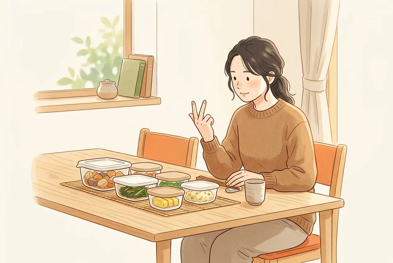 食卓に冷蔵のおかずの容器を並べて、量を見ながら考えている女性
