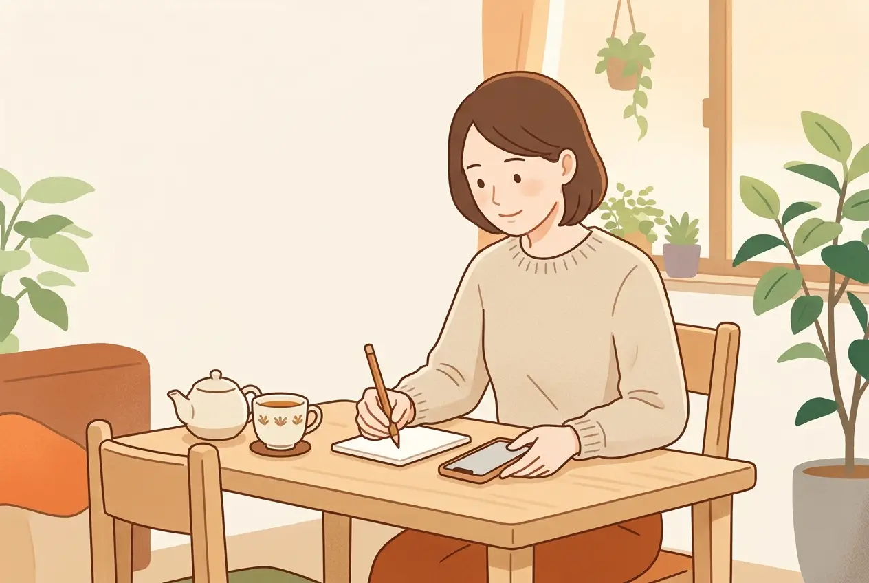 スマホで料金のページを見ながら、ノートに1週間の金額を書き出している女性