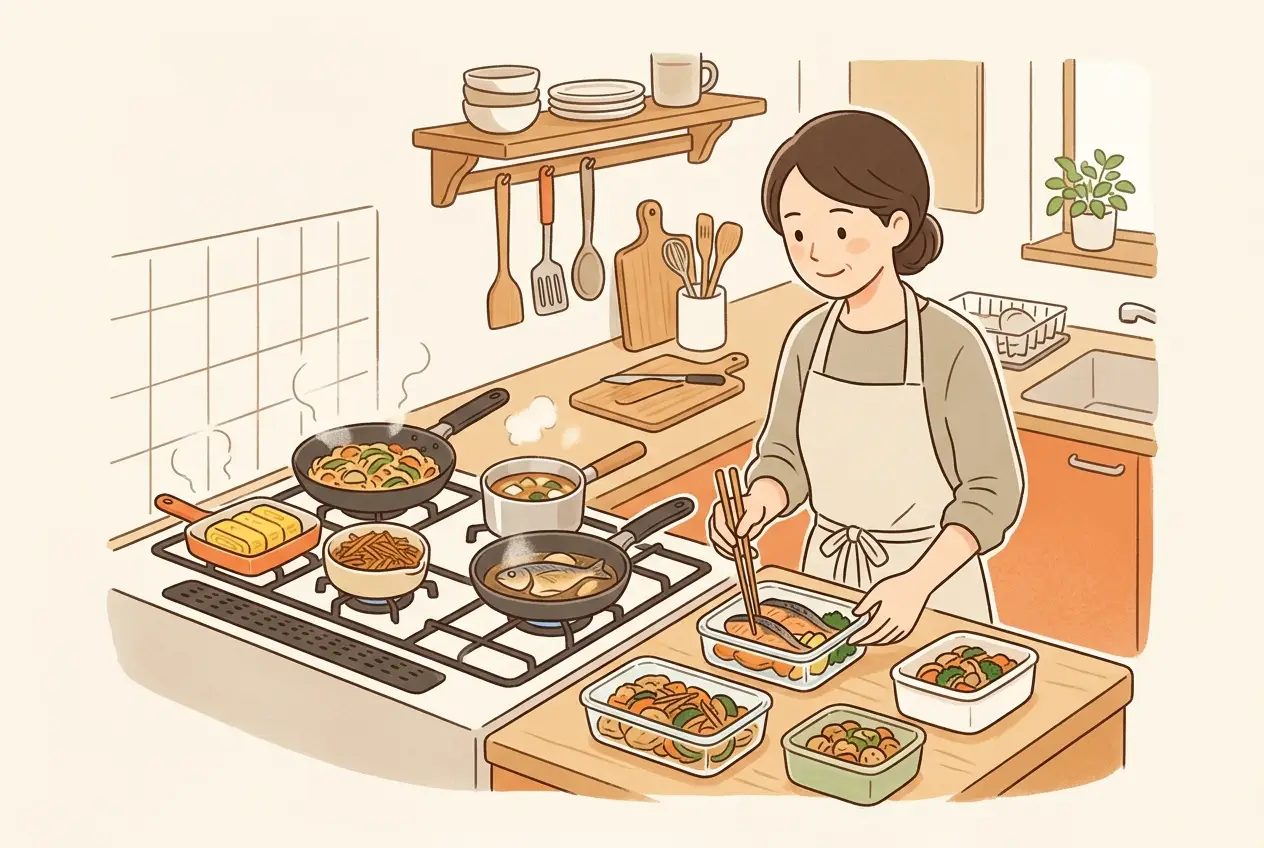 家の台所でスタッフが何品ものおかずを作り、保存容器に詰めている