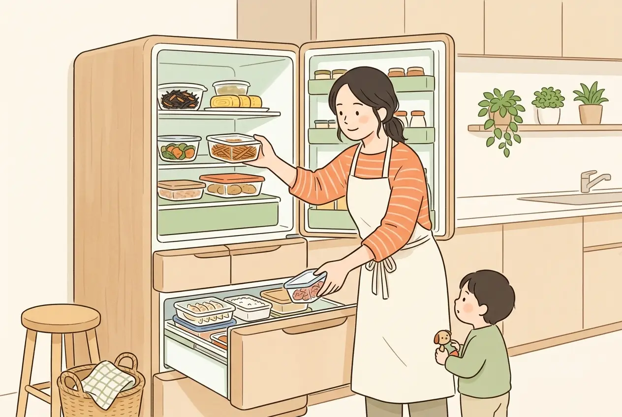 母親が冷蔵庫と冷凍庫に、保存容器に入ったおかずを分けてしまっている