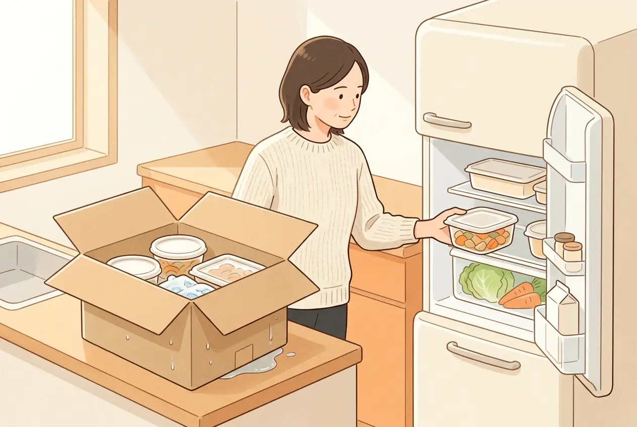 台所で冷蔵便の箱を開け、おかずの容器を冷蔵庫の棚に並べている女性