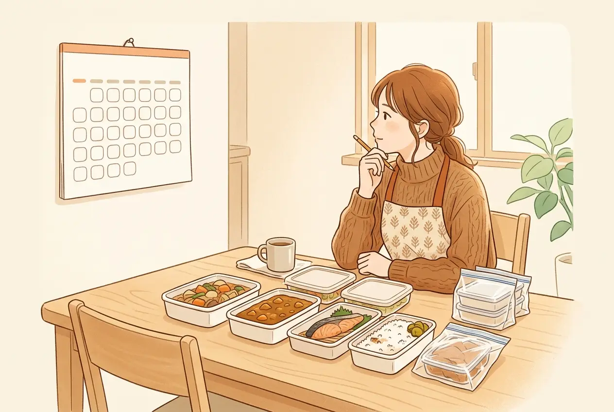 食卓で冷蔵のおかずの容器を並べ、カレンダーを見ながら食べる日を決めている女性