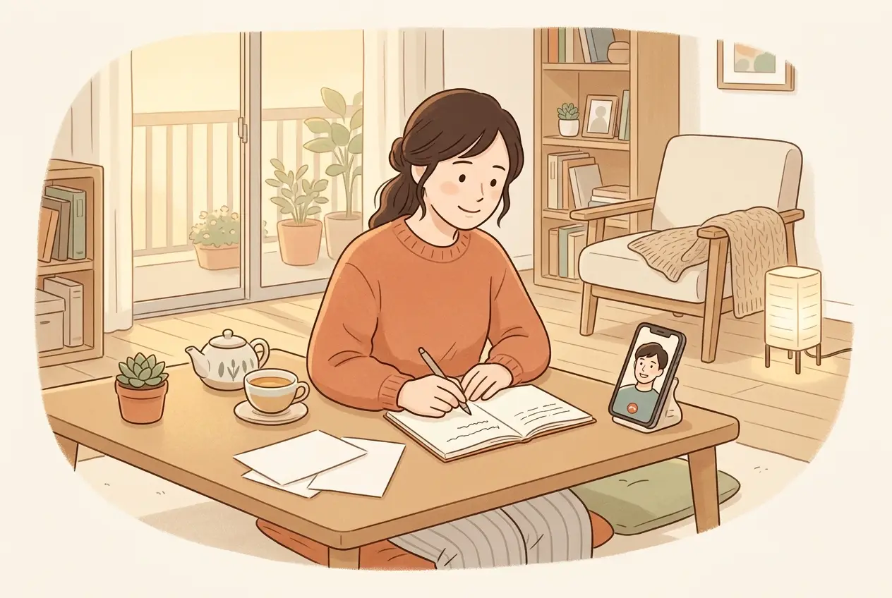 リビングでスマホのビデオ通話をしながら、夫の受け取れる曜日をメモしている女性